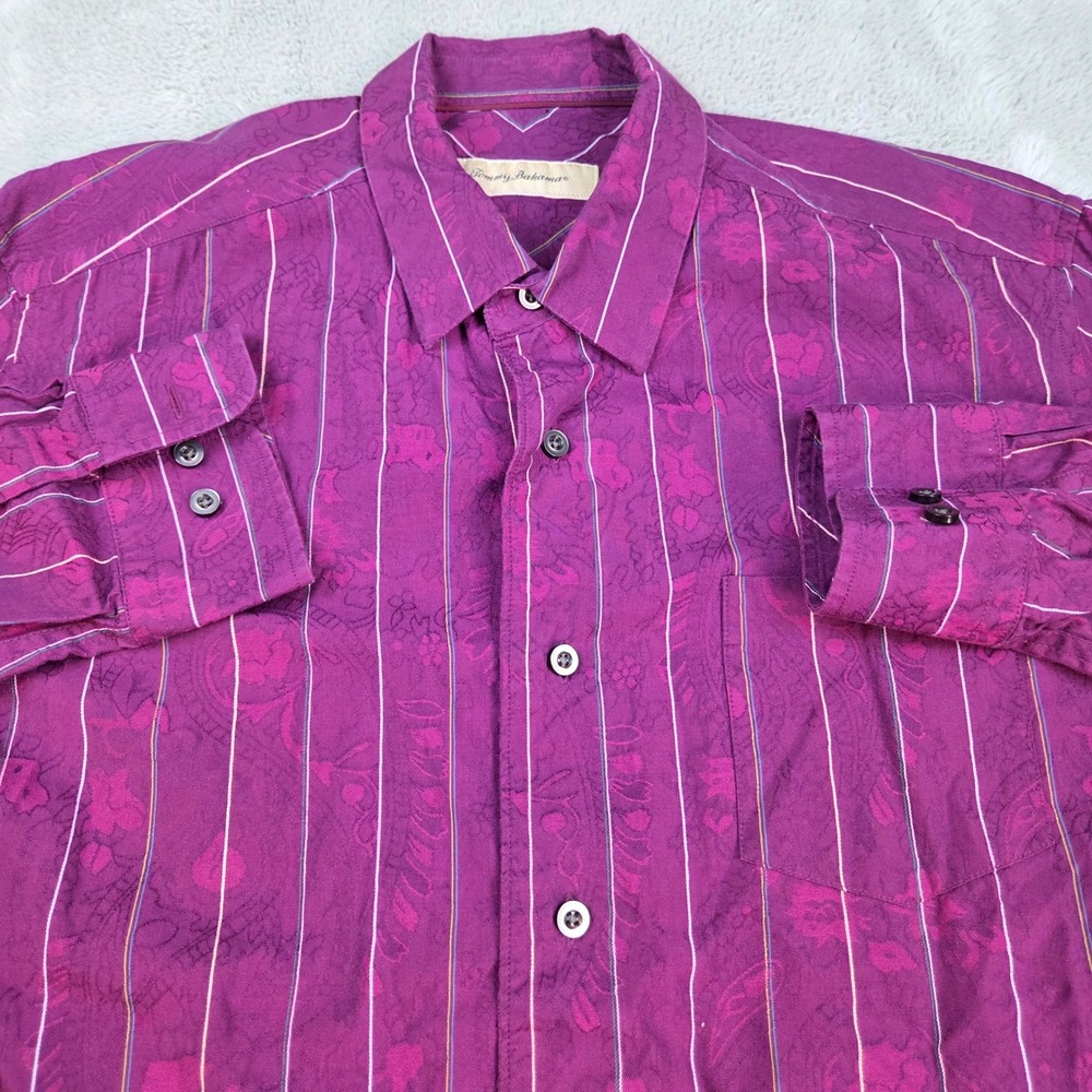 Tommy Bahama Silk Button Down Mens LG Floral Jacquard Striped Long Sleeve Purple